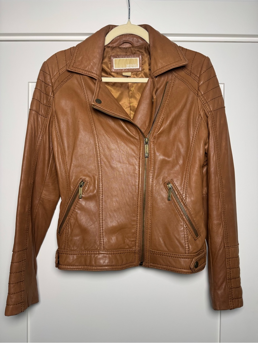 Michael Kors Tan Leather Moto Jacket with Zip Pockets
